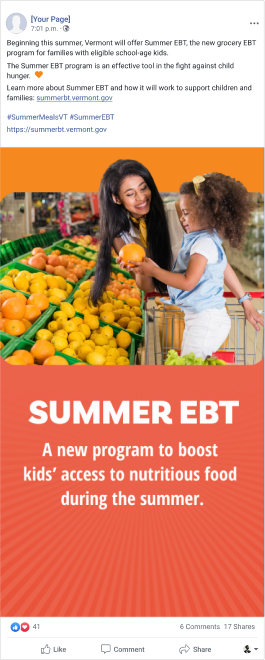 Sample Facebook post with photo promoting Summer EBT benefits